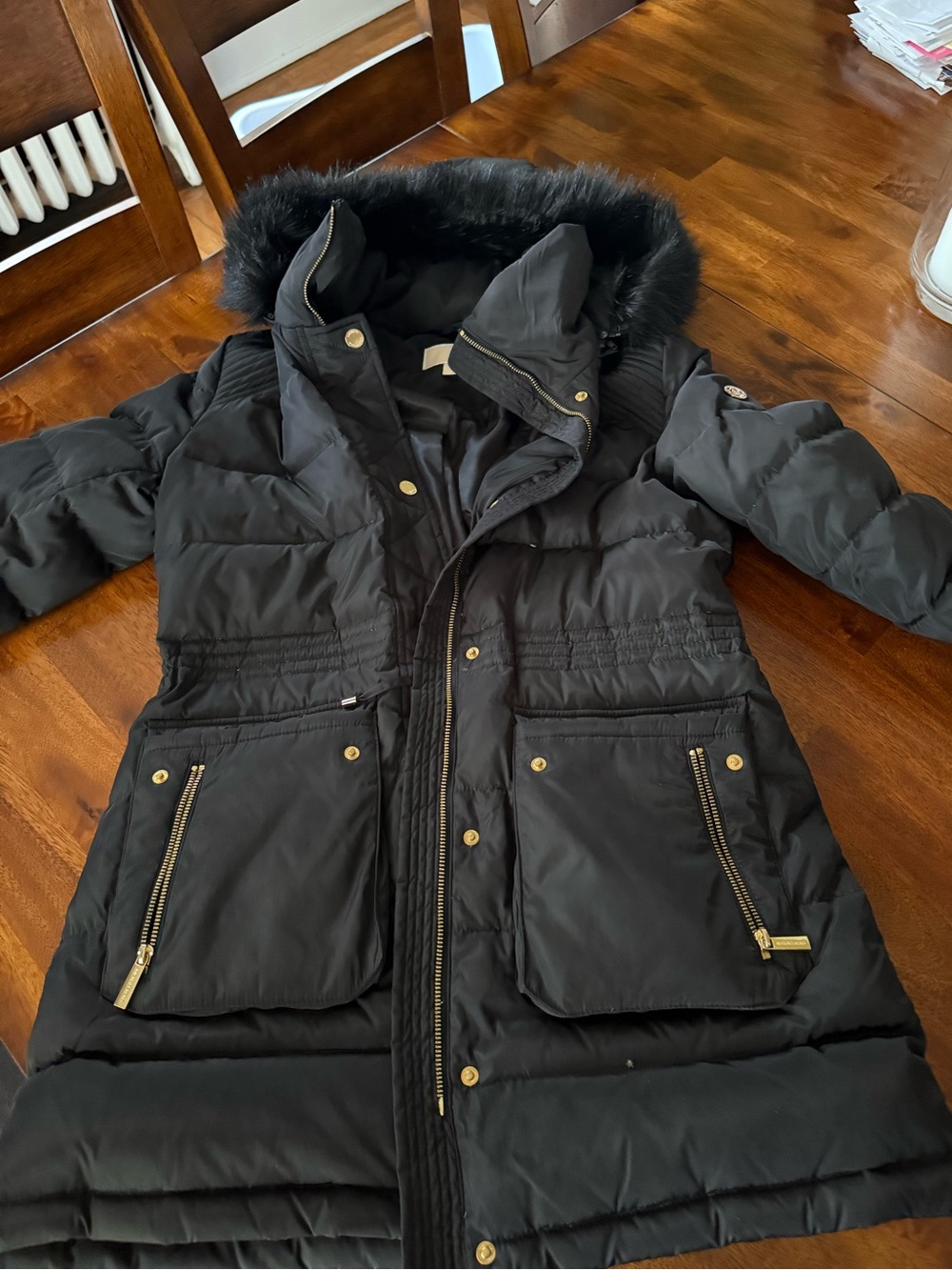 MICHAEL Michael Kors Black Quilted Puffer Jacket with Faux Fur Trim